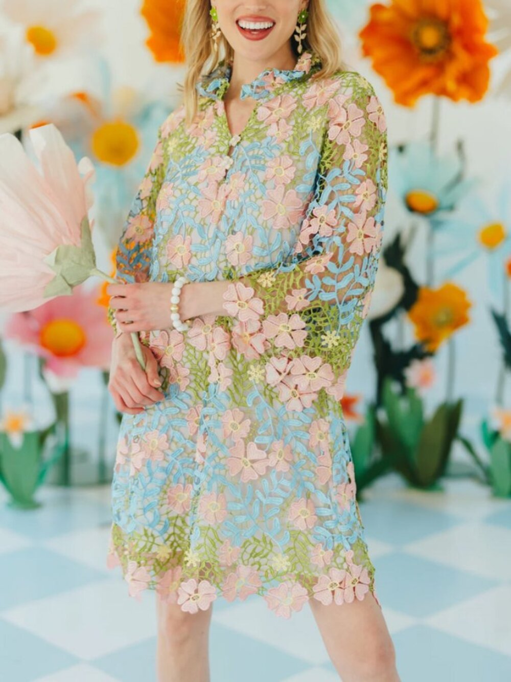 Brianna Cannon Pastel Floral Lace Caftan Dress Size S/M